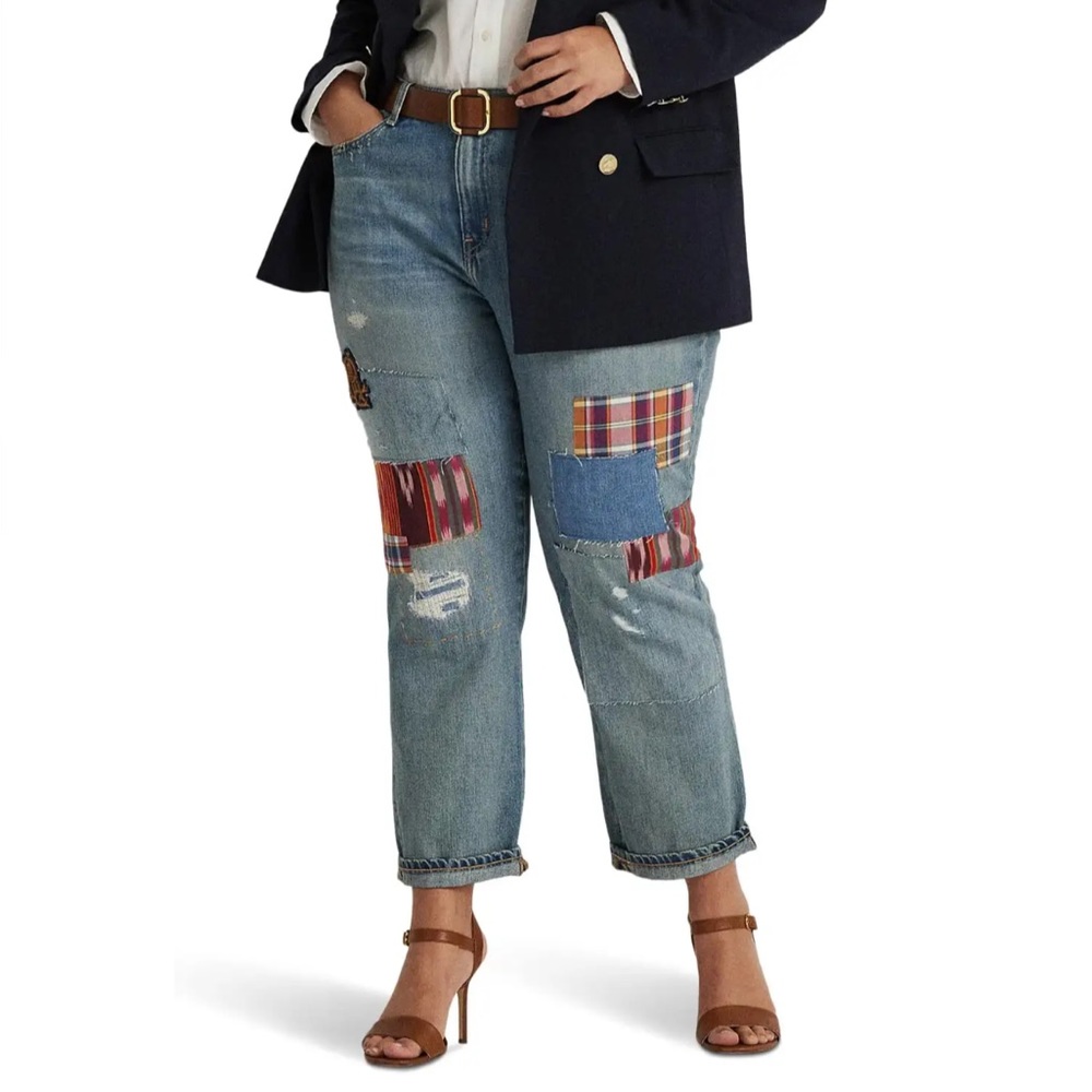 New Ralph Lauren Plus Size Patchwork Boho Relaxed Tapered Jeans in Skye Wash